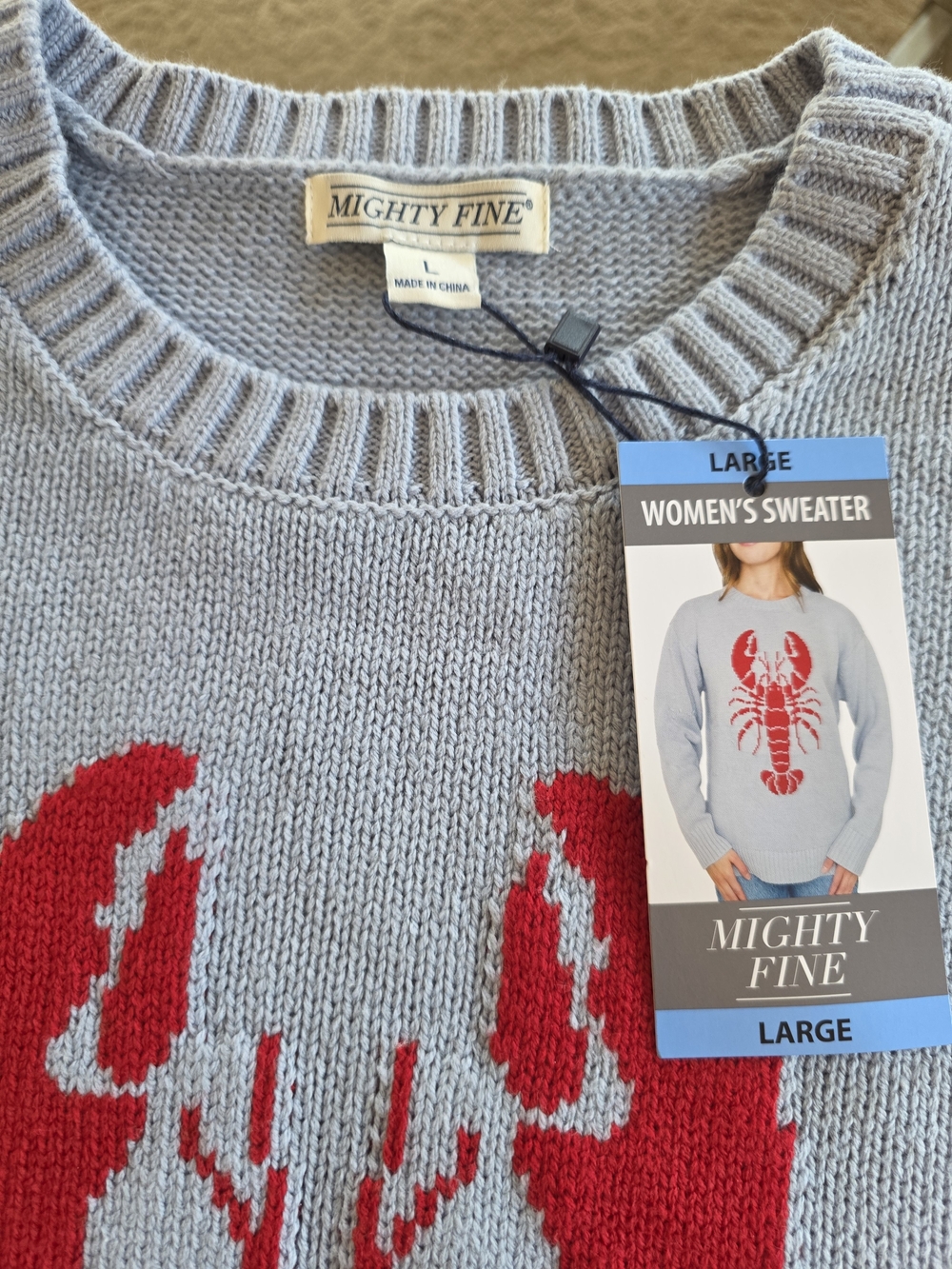 Mighty Fine Women's Light Blue Crewneck Sweater with Red Lobster - Picture 3 of 6